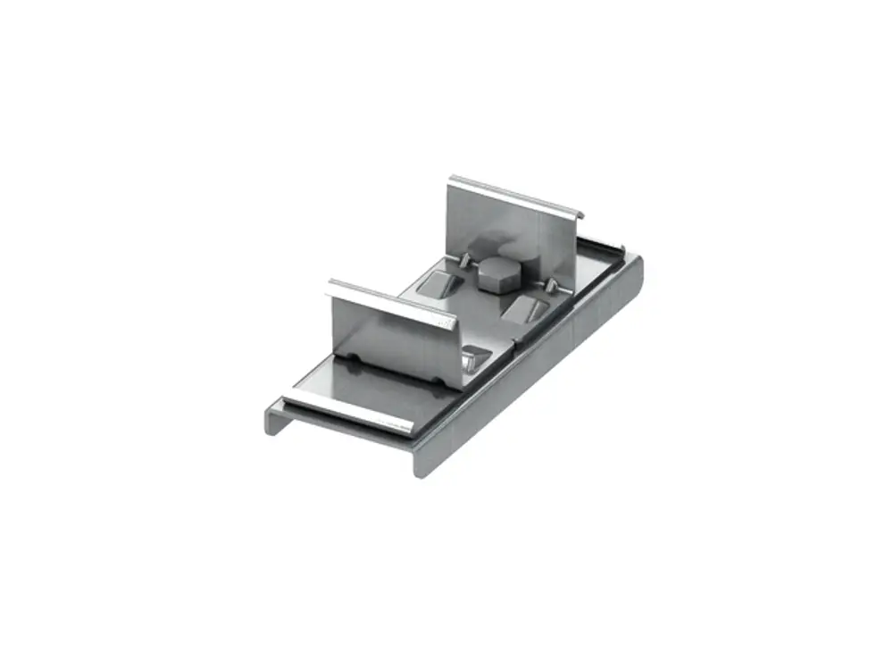 Metallene Universalverbindung von TECE, geeignet für die Verbindung in verschiedenen Winkelstellungen, mit zwei Aufnahmen zur Befestigung.